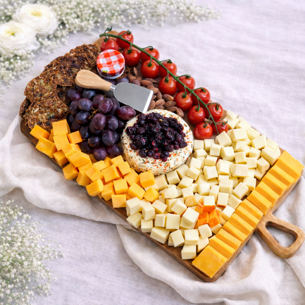 Large cheese board with charcuterie, grapes, and crackers